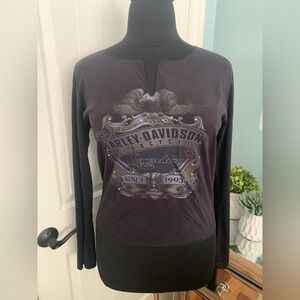 Women’s Harley Davidson Legendary Motorcycle LS Bling Shirt Eagle V-Notch, Large